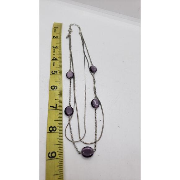 NY Multi Strand Necklace Silver Tone Purple Cat's Eye Beads Statement Layered - Picture 6 of 6